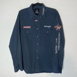 Vintage Wrangler Navy Blue Lime Green Striped Western PBR Rodeo Shirt L